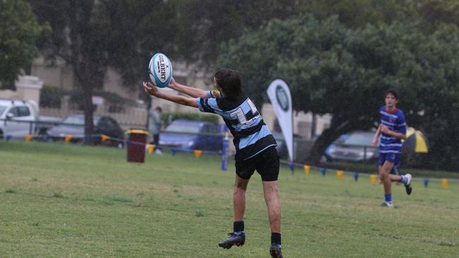 Day 1 of the King of the Country junior rugby union tournament at the Gold Coast Eagles Rugby Union Club.Maroochydore Swans (BLUE AND BLACK) vs USQ Saints (Blue ) Maroochydore Player No USQ Player No Pic Mike Batterham