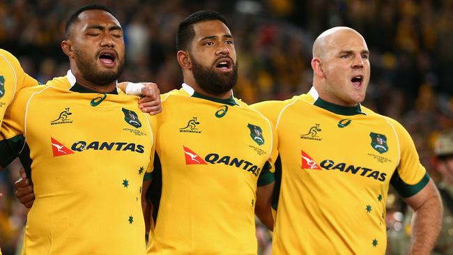 SYDNEY, AUSTRALIA - AUGUST 08: (L-R) James Horwill, Sekope Kepu, Scott Sio and Stephen Moore of the Wallabies sing the Australian national anthem during The Rugby Championship match between the Australia Wallabies and the New Zealand All Blacks at ANZ Stadium on August 8, 2015 in Sydney, Australia. (Photo by Cameron Spencer/Getty Images)