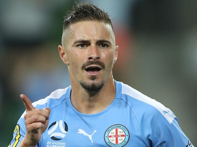 MELBOURNE, AUSTRALIA - FEBRUARY 07: Jamie MacLaren of Melbourne City celebrates after scoring a goal during the round 18 A-League match between Melbourne City and Melbourne Victory at AAMI Park on February 07, 2020 in Melbourne, Australia. (Photo by Robert Cianflone/Getty Images)