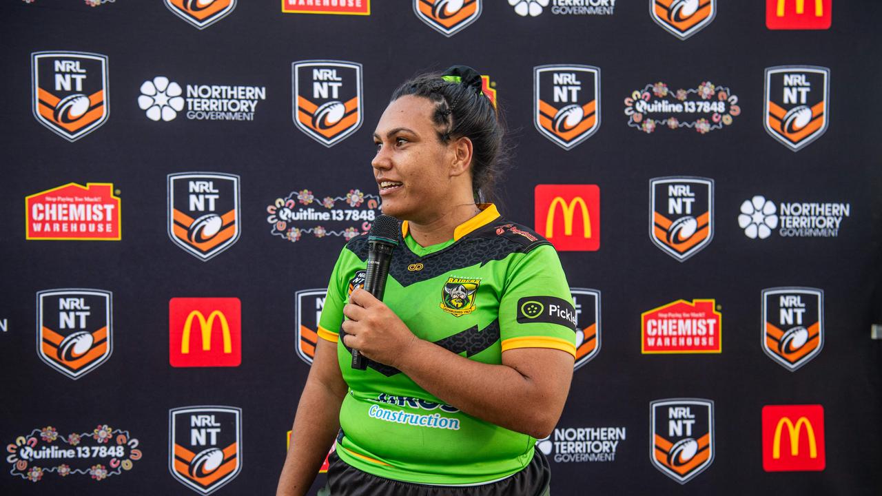 Briannon Ross gives her speech as the Darwin Brothers celebrate winning the 2023 NRL NT grand final. Picture: Pema Tamang Pakhrin