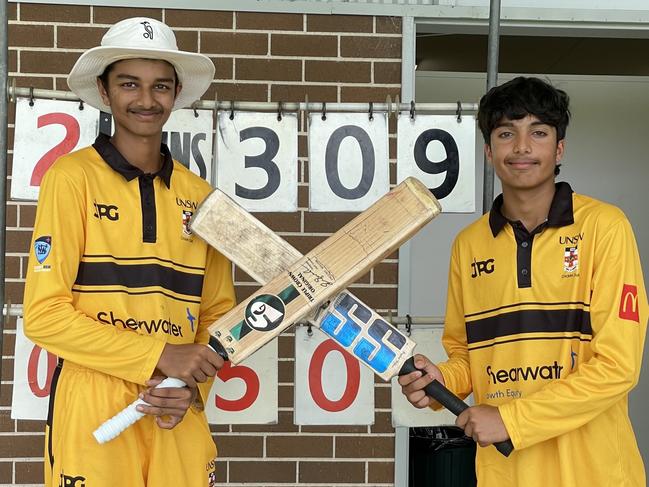 (L-R) Neel Patel (167 runs) and Nirav Sharma (103 runs) for UNSW after their opening partnership of 279 for UNSW v Bankstown, NSW Premier Cricket, U16s AW Green Shield, round three, Sunday, December 22, 2024. Picture: Jason Hosken, NewsCorp - NewsLocal