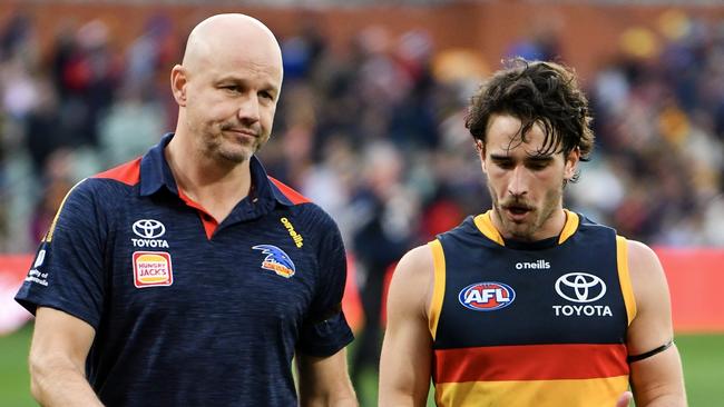 ADELAIDE, AUSTRALIA - JULY 01: Lachlan Murphy of the Crows speaks to Matthew Nicks coach of the Crows after the round 16 AFL match between Adelaide Crows and Melbourne Demons at Adelaide Oval, on July 01, 2023, in Adelaide, Australia. (Photo by Mark Brake/Getty Images)