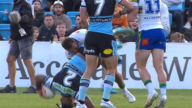 NRL 2023: Seb Kris spear tackle on Sione Katoa, Sharks v Raiders, send off, video, replay