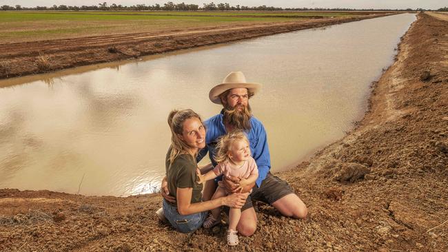 Bunnaloo rice farmer Dominic Garden, with Rosie Scott and Effie, has had to scale back his production due to a lack of water reliability. Picture: Rob Leeson