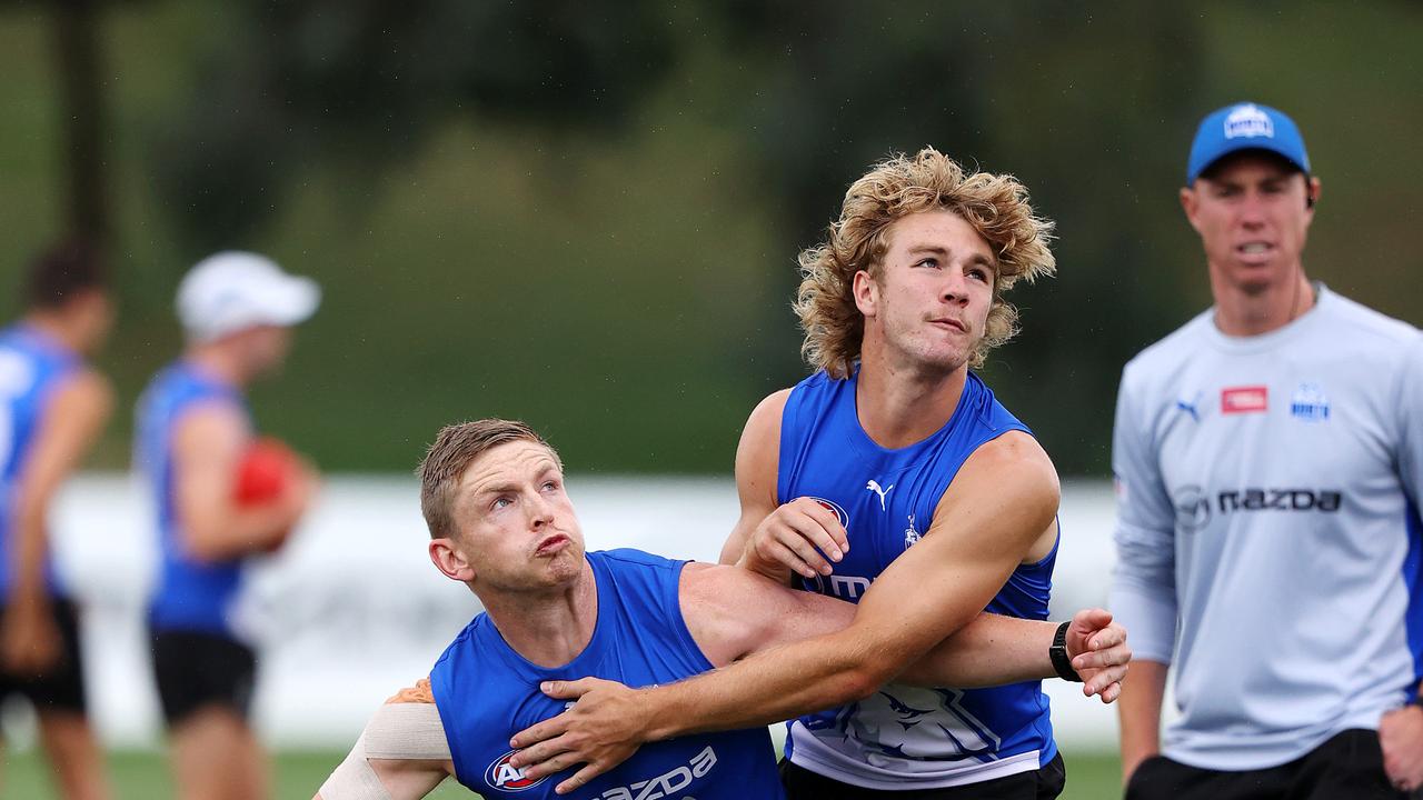 Jason Horne-Francis goes head-to-head with Jack Ziebell. The No.1 pick starred in the North Melbourne’s intra-club. Picture: Mark Stewart