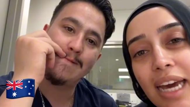 NSW government officials are investigating after nurses at Bankstown Hospital, Rashad Nadir and Sarah Abu Lebdeh, wearing their NSW Health uniforms were filmed declaring they refuse to treat Israeli people and would "kill them" if they present to their ward. Picture: NewsWire Handout