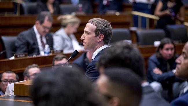 Facebook CEO Mark Zuckerberg testifies before House Financial Services Committee hearing on Capitol Hill in Washington on Wednesday. Picture: AP