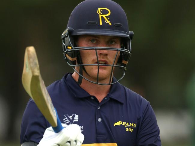 Premier Cricket: Ringwood v Northcote played at Russell Lucas Oval in Ringwood.Ringwood Batsman Tom Rogers leaves the field not out for 181 as Ringwood scored 4-318.Picture: Stuart Milligan