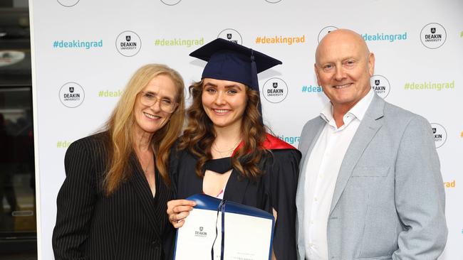 Susan Wilson, left, daughter Sophia Wilson and her dad Roy Wilson at the Deakin University Graduation post ceremony celebration. Picture: Alison Wynd
