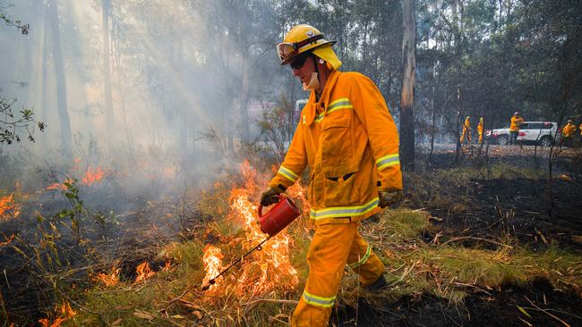 A Country Fire Authority strike team performs controlled burning west of Corryong, also in Victoria, ahead of dangerous conditions later this week. Picture: Jason Edwards