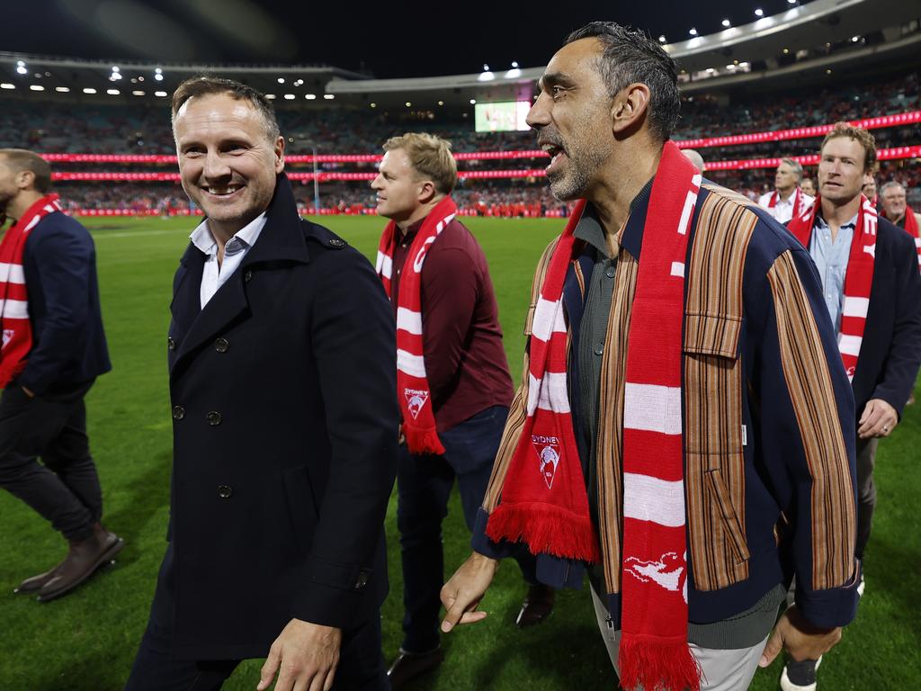Jude Bolton and Adam Goodes on the SCG. Picture: Darrian Traynor/Getty Images