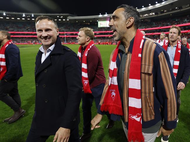 Jude Bolton and Adam Goodes on the SCG. Picture: Darrian Traynor/Getty Images