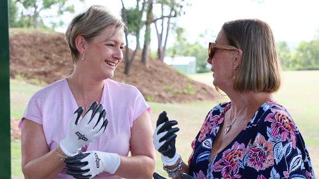 Queensland Minister for Child Safety Amanda Camm with Sue Clarke during a press conference in Brisbane. Picture: Supplied Premiers Office