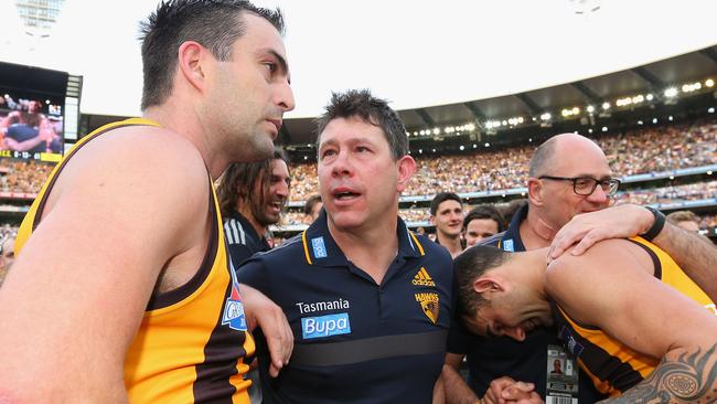 Brett Ratten talks to Brian Lake after the Grand Final win.