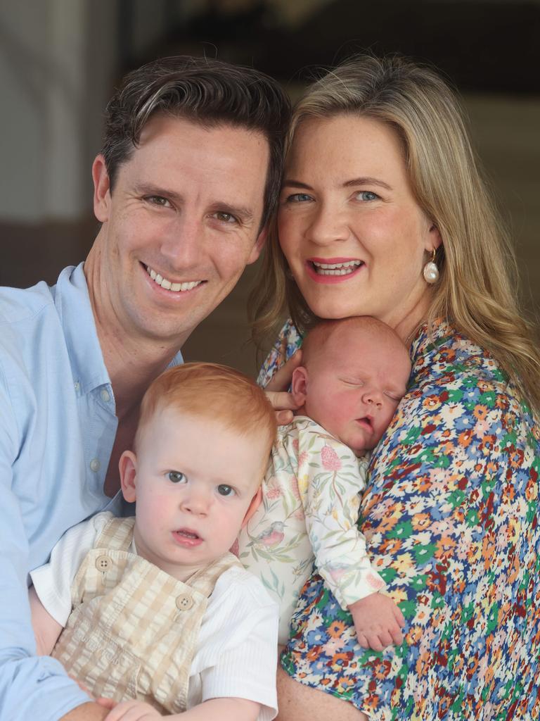 Byron Fay and Briony Benjamin with 16-month-old Charlie Benjamin-Fay and their two-day-old baby, nicknamed Alfie, who was born during the cyclone. Picture: Glenn Hampson.