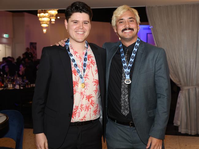 MELBOURNE, AUSTRALIA – OCTOBER 9 2024 Tim Rocke and Matthew Mallia at the VAFA Awards Night at the San Remo Ballroom in Carlton on October 9, 2024 Picture: Brendan Beckett