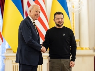 KYIV, UKRAINE - FEBRUARY 20: In this handout photo issued by the Ukrainian Presidential Press Office, U.S. President Joe Biden meets with Ukrainian President Volodymyr Zelensky at the Ukrainian presidential palace on February 20, 2023 in Kyiv, Ukraine. The US President made his first visit to Kyiv since Russia's large-scale invasion last February 24. (Photo by Ukrainian Presidential Press Office via Getty Images)