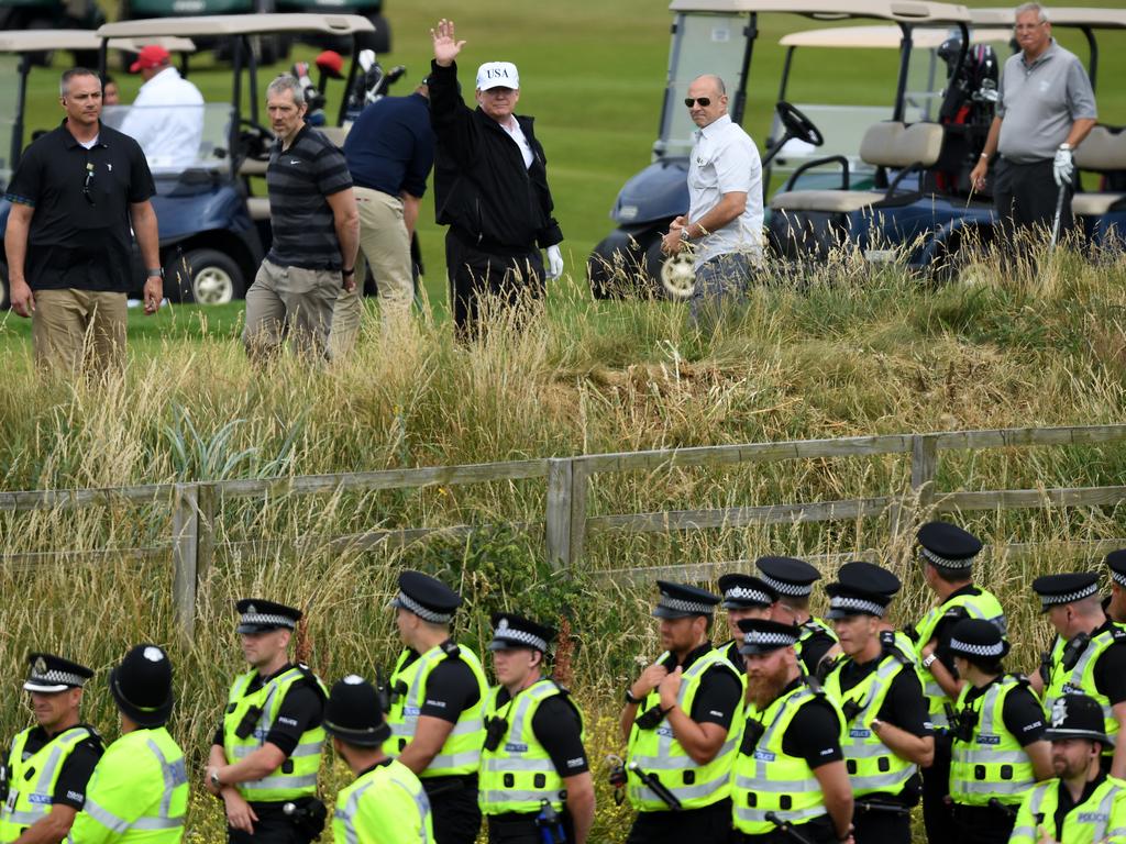 British security was out in force back in 2018 at the Trump Turnberry Luxury Collection Resort during the then-President's first official visit to the United Kingdom. But that level of protection is reserved for sitting presidents. Picture: Leon Neal/Getty Images