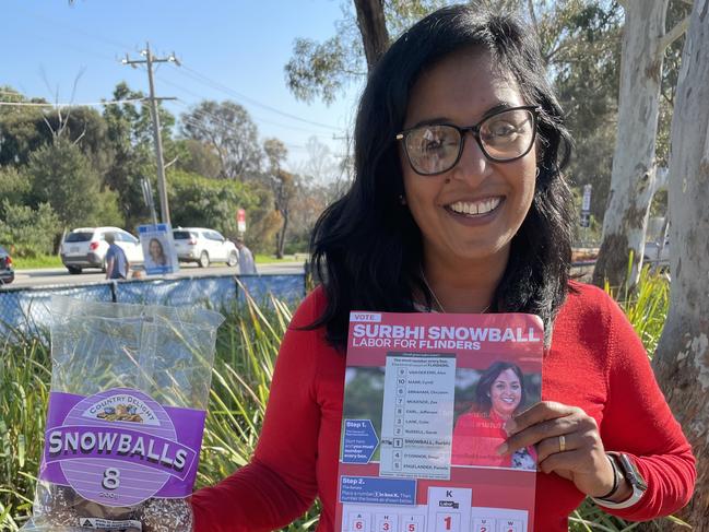 Labor candidate for Flinders Surbhi Snowball, handing out snowballs with how to vote cards at Mount Martha Primary School. Picture Lucy Callander