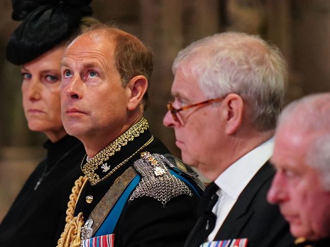 Prince Edward, Earl of Wessex, with wife Sophie, Countess of Wessex, Andrew, Duke of York and Britain's King Charles III. Picture: AFP