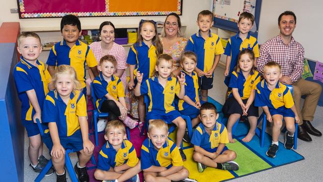 Millmerran State School Prep E (back row, from left) Eli, Skyler, teacher Miss Jessica Erwood, Mirah, teacher aide Mrs Michelle Miiller, Archie, Zander and principal Rob Michel and (middle row, from left) Naevia, Andi, Ryley, Ariah, Indi-Lee and Jake and (front row, from left) Emeraki, Mason and Wylie, Friday, February 17, 2023. Picture: Kevin Farmer