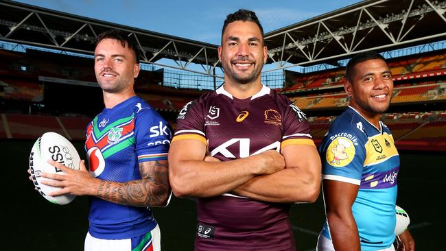 NRL Magic Round launch at Suncorp Stadium — Wayde Egan (Warriors), Ryan James (Broncos) and Mo Fotuaika (Titans). Picture: David Clark