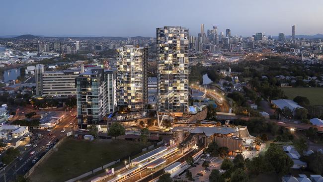 Concept image of the proposed Albion Exchange project showing its striking transformation of the precinct with the Brisbane CBD as a backdrop.