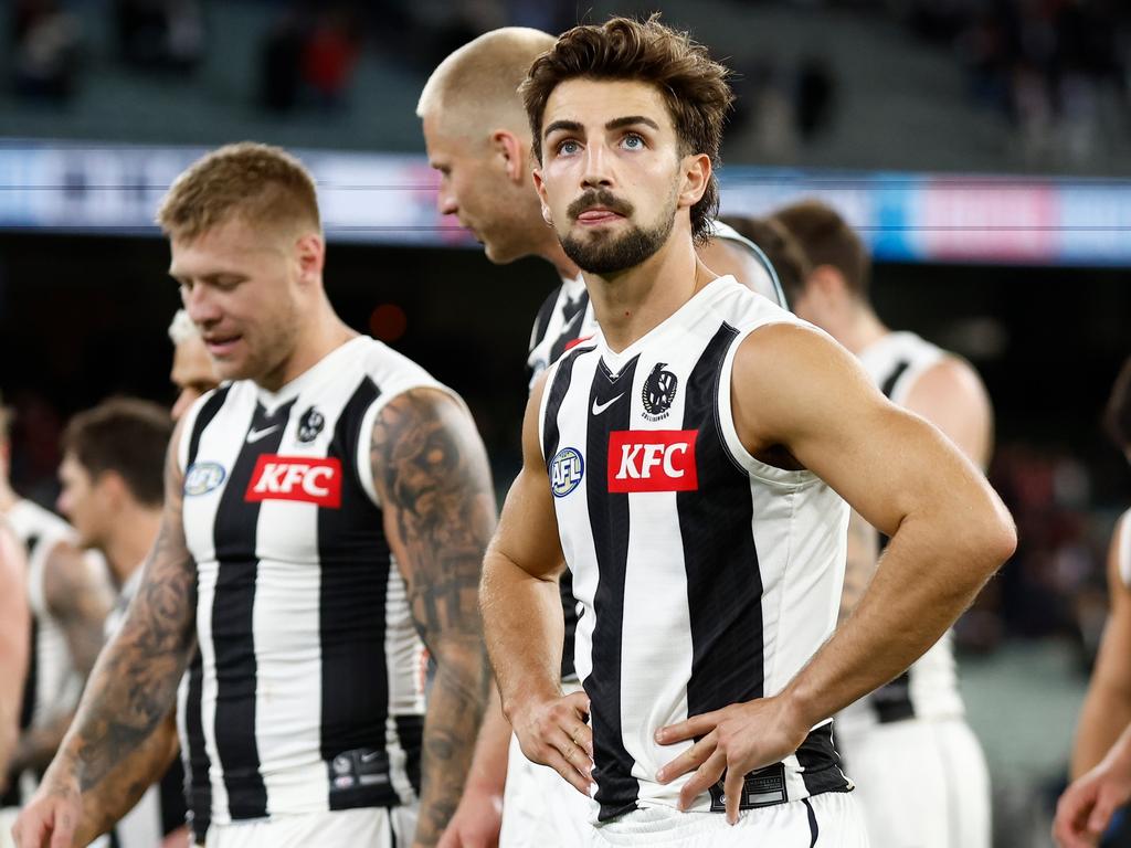 MELBOURNE, AUSTRALIA - MARCH 21: Josh Daicos of the Magpies looks dejected after a loss during the 2024 AFL Round 02 match between the St Kilda Saints and the Collingwood Magpies at the Melbourne Cricket Ground on March 21, 2024 in Melbourne, Australia. (Photo by Michael Willson/AFL Photos via Getty Images)