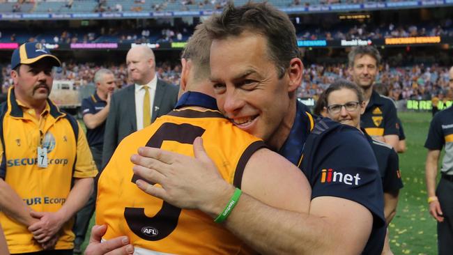 Alastair Clarkson hugs Sam Mitchell after the 2015 Grand Final. Picture: Alex Coppel.