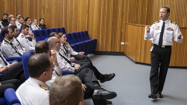 Chief of Navy, Vice Admiral Michael Noonan, right, speaks with maritime warfare officer course students in the Navy Synthetic Warfighting Centre auditorium at the Sydney shore base, HMAS Watson. Picture: ADF