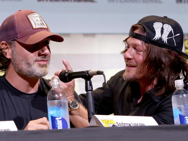 Andrew Lincoln (L) and Norman Reedus in a panel discussion during Comic-Con International 2016. Picture: Jesse Grant/Getty Images for AMC
