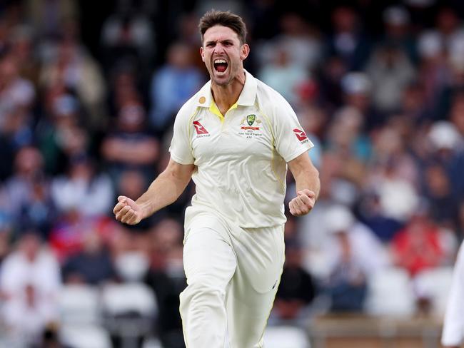 LEEDS, ENGLAND - JULY 06: Mitchell Marsh of Australia celebrates dismissing Zak Crawley of England during Day One of the LV= Insurance Ashes 3rd Test Match between England and Australia at Headingley on July 06, 2023 in Leeds, England. (Photo by Richard Heathcote/Getty Images)