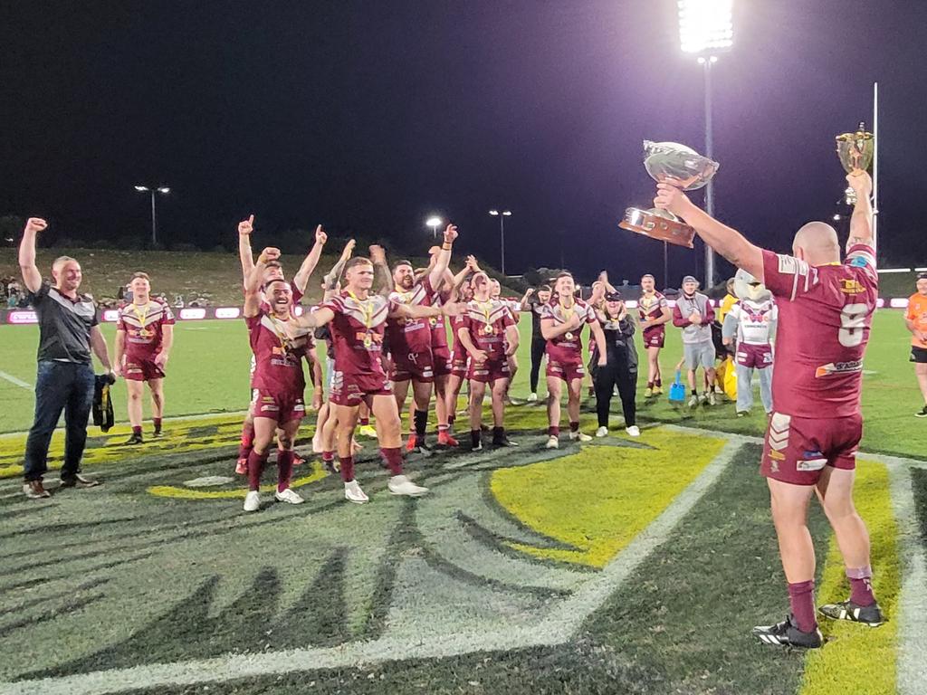 Kawana Dolphins captain Tommy Hearn celebrating the grand final victory over Maroochydore Swans, Picture: Matty Holdsworth