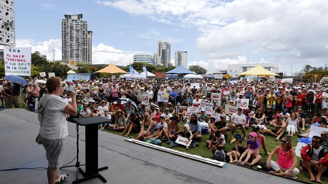 Save Our Spit Rally held at the Southport Broadwater Parklands. Lois Levy from Gecko talking to the crowd. A key risk is opposition to the CST. Picture: JERAD WILLIAMS