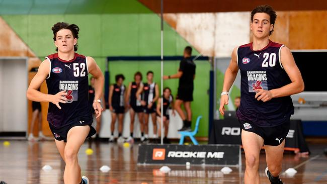 Archie Roberts and Will Brown of the Sandringham Dragons. (Photo by Josh Chadwick/AFL Photos via Getty Images)