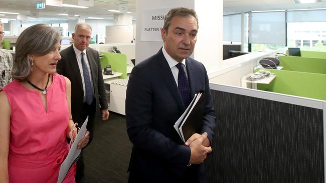 Chief public health officer Nicola Spurrier, Health Ministher Steven Wade and Premier Steven Marshall. Picture: AAP / Kelly Barnes