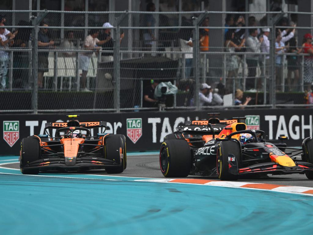 Max Verstappen (R) had a gruelling batle with McLaren’s Lando Norris. Picture: Getty