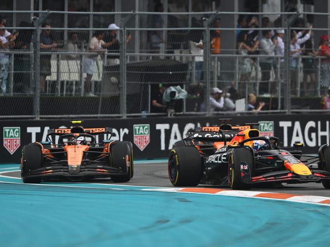 Max Verstappen (R) had a gruelling batle with McLaren’s Lando Norris. Picture: Getty