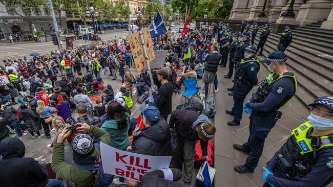 Protesters gather outside parliament on Wednesday. Picture: Jason Edwards