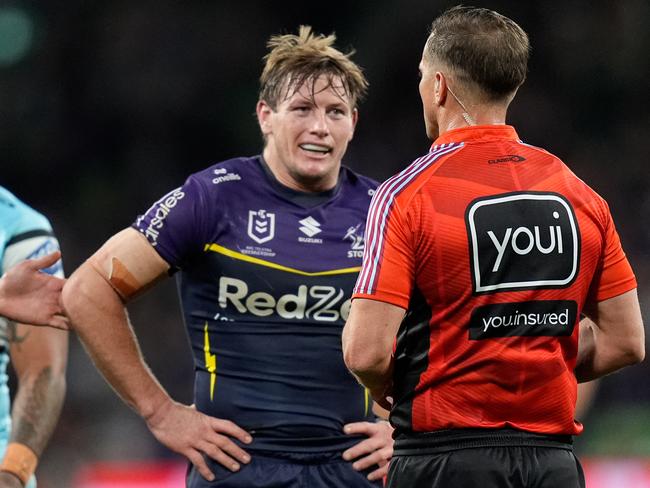 Harry Grant was controversially sin binned late in the first half after taking out the leg of Daniel Atkinson, with Cronulla scoring one minute later. Picture: NRL Imagery