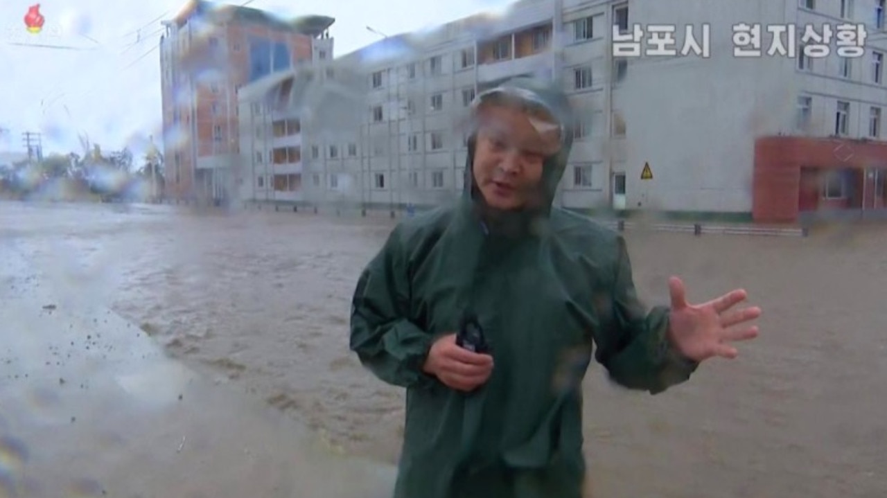 A reporter in Nampo providing a typhoon update. Picture: KCTV