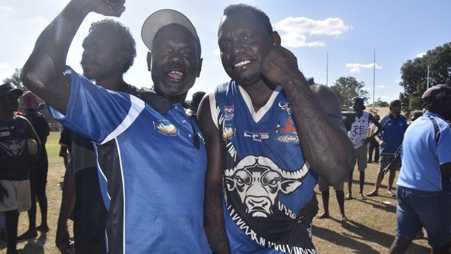 The Buffaloes celebrating in the Tiwi Island Football League grand final between Tuyu Buffaloes and Pumarali Thunder. Picture: Max Hatzoglou