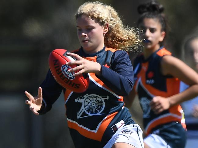 Georgie Prespakis of the Cannons is seen in action (left) during the girls NAB League match between the Northern Knights and Calder Cannons in Bundorra, Saturday, February 28, 2020. (Photo/Julian Smith)