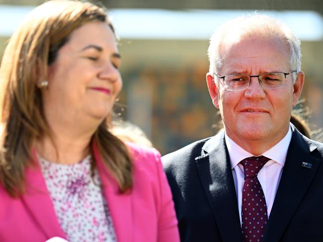 BRISBANE, AUSTRALIA - NewsWire Photos - MARCH 21, 2022.Prime Minister Scott Morrison and Queensland Premier Annastacia Palaszczuk announcing the SEQ City Deal at the Gabba Stadium in Brisbane.Picture: NCA NewsWire / Dan Peled