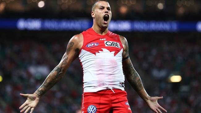 Sydney's Lance Franklin celebrates kicking incredible goal from outside 50m during AFL match between the Sydney Swans and the Adelaide Crows at the SCG. Picture. Phil Hillyard