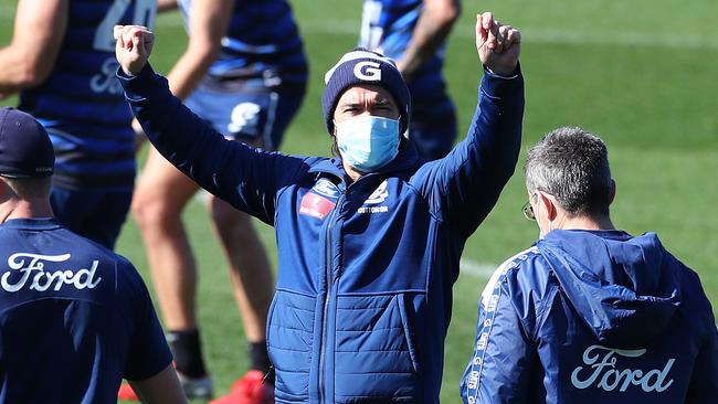 Coach Chris Scott at Geelong Cats training on Thursday. Picture: Alison Wynd