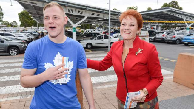 Pauline Hanson with super fan Gage Savage during a walk around at Elizabeth Shopping centre in Adelaide. Picture: NCA NewsWire / Brenton Edwards