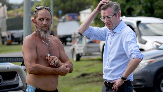 Premier Dominic Perrottet met with Wayne Ryan in Coraki, a town that has only just opened up again after being cut off for days. Picture: Toby Zerna