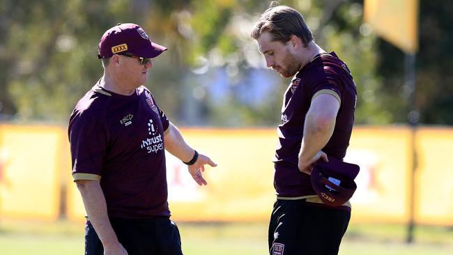 Kevin Walters speaks to Cameron Munster during a Maroons training session. Picture: Adam Head