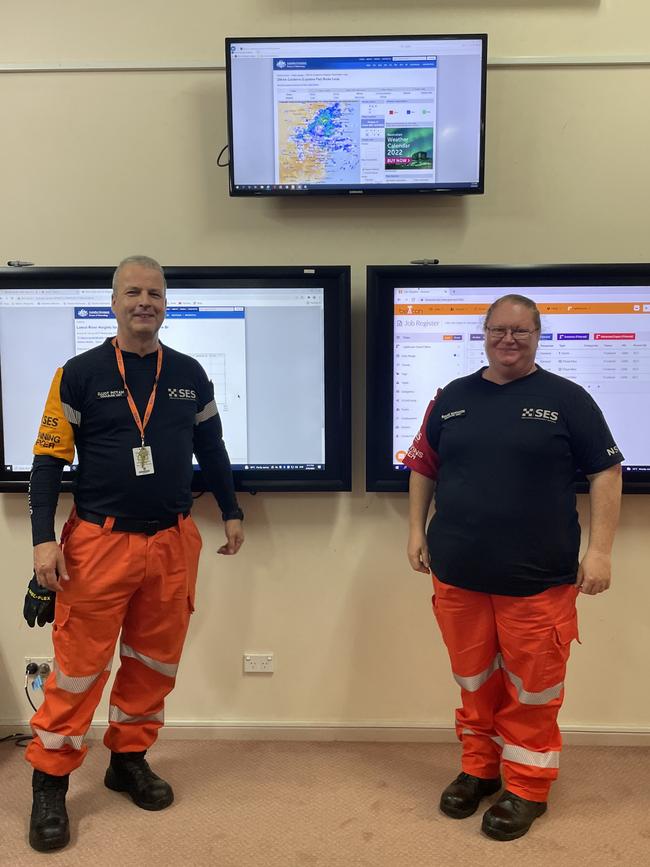 NSW SES Goulburn volunteers Bonnie and Elliot, who are the current duty officers and are on call for any incident alerts. Picture: Niki Iliagoueva